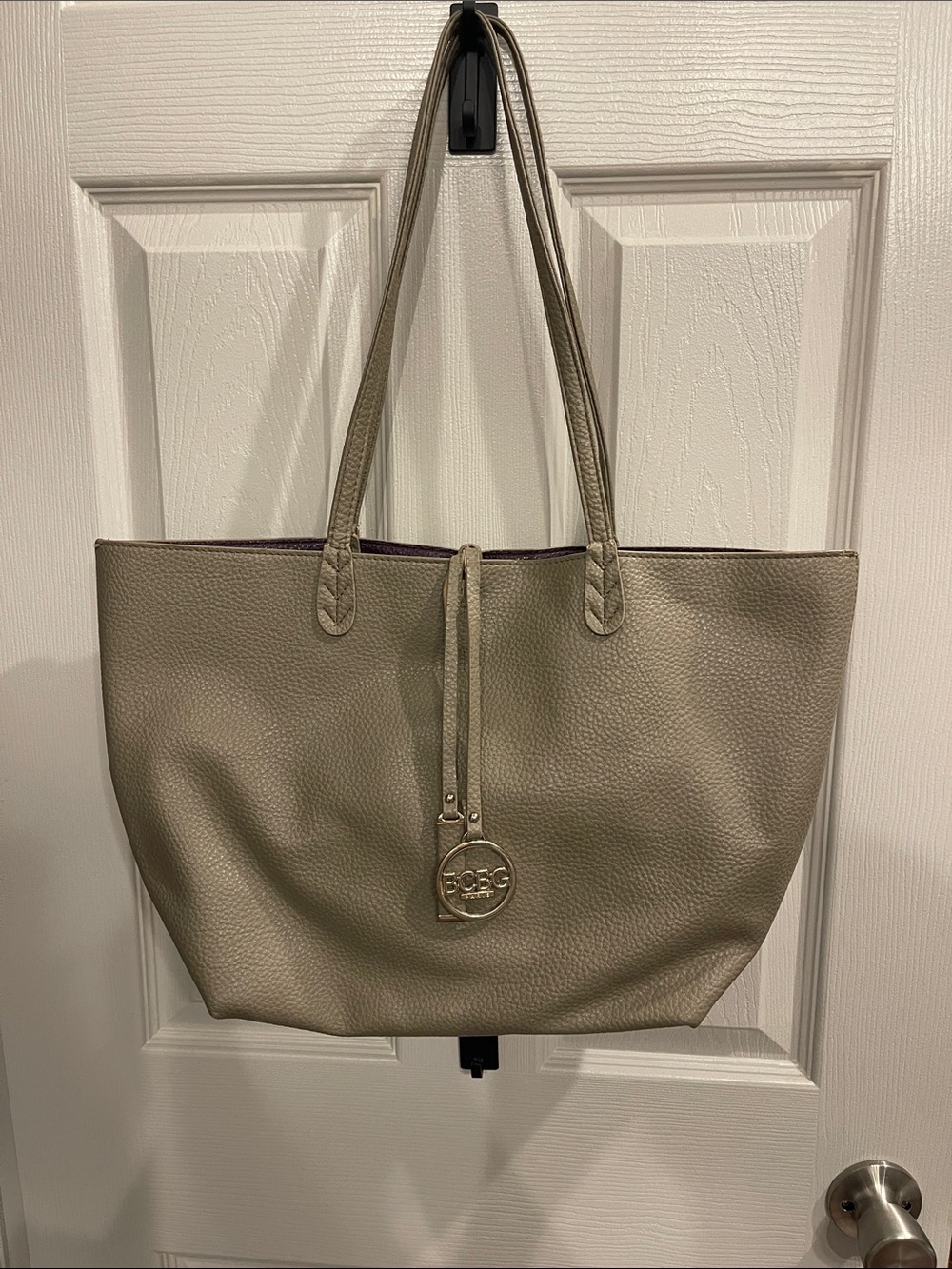 BCBG Paris Pebbled Taupe Tote with Logo Charm read